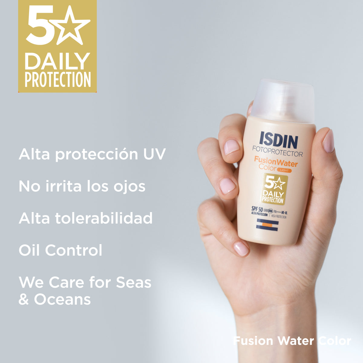 ISDIN Fusion Water Color Light SPF 50 protege e hidrata con acabado natural.