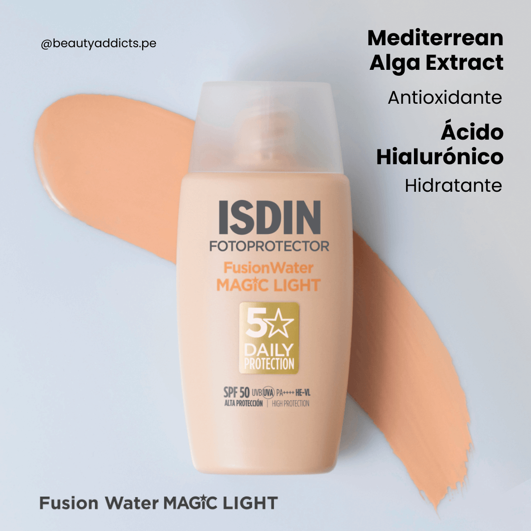 ISDIN Fusion Water Color Light SPF 50 con hidratante y antioxidante para la piel.