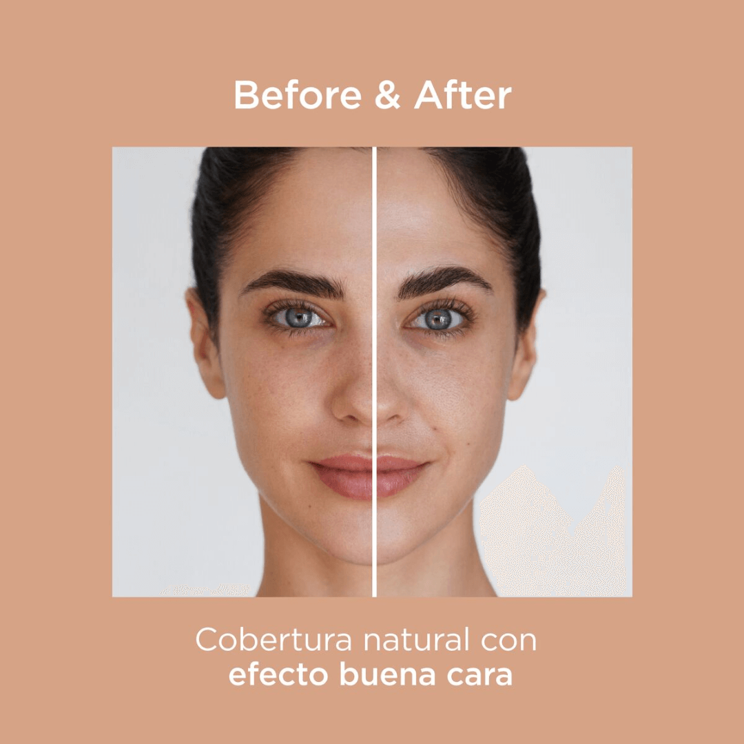 ISDIN Protector solar con color medio Fusion Water SPF 50 que brida efecto de una cara luminosa.