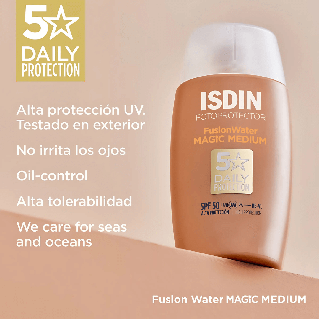 ISDIN Fusion Water Color Medium SPF 50 unifica el rostro con textura ligera.