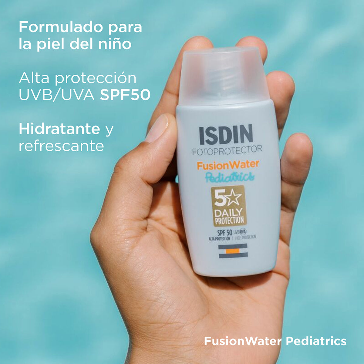 ISDIN Fotoprotector Fusion Water Pediatrics SPF50 con filtros UV que hidratan y calman la piel sensible.