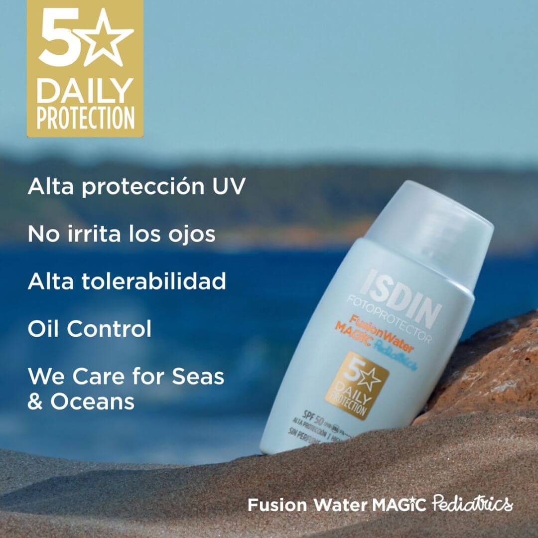 Protector solar ISDIN Pediatrics Fusion Water SPF 50 con fórmula hipoalergénica.