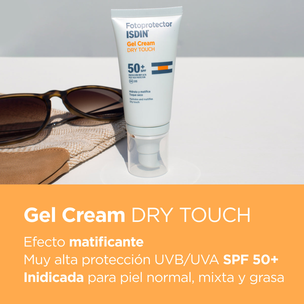ISDIN Fotoprotector Gel Cream Dry Touch absorción rápida y sin brillo.