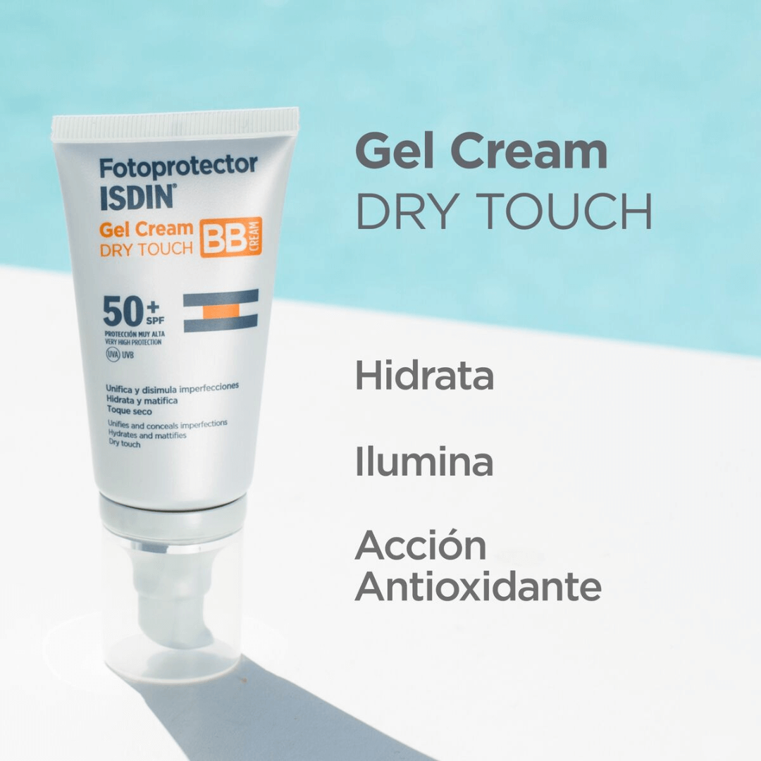 Protector solar facial ISDIN Gel Cream Dry Touch con acabado seco y duradero.