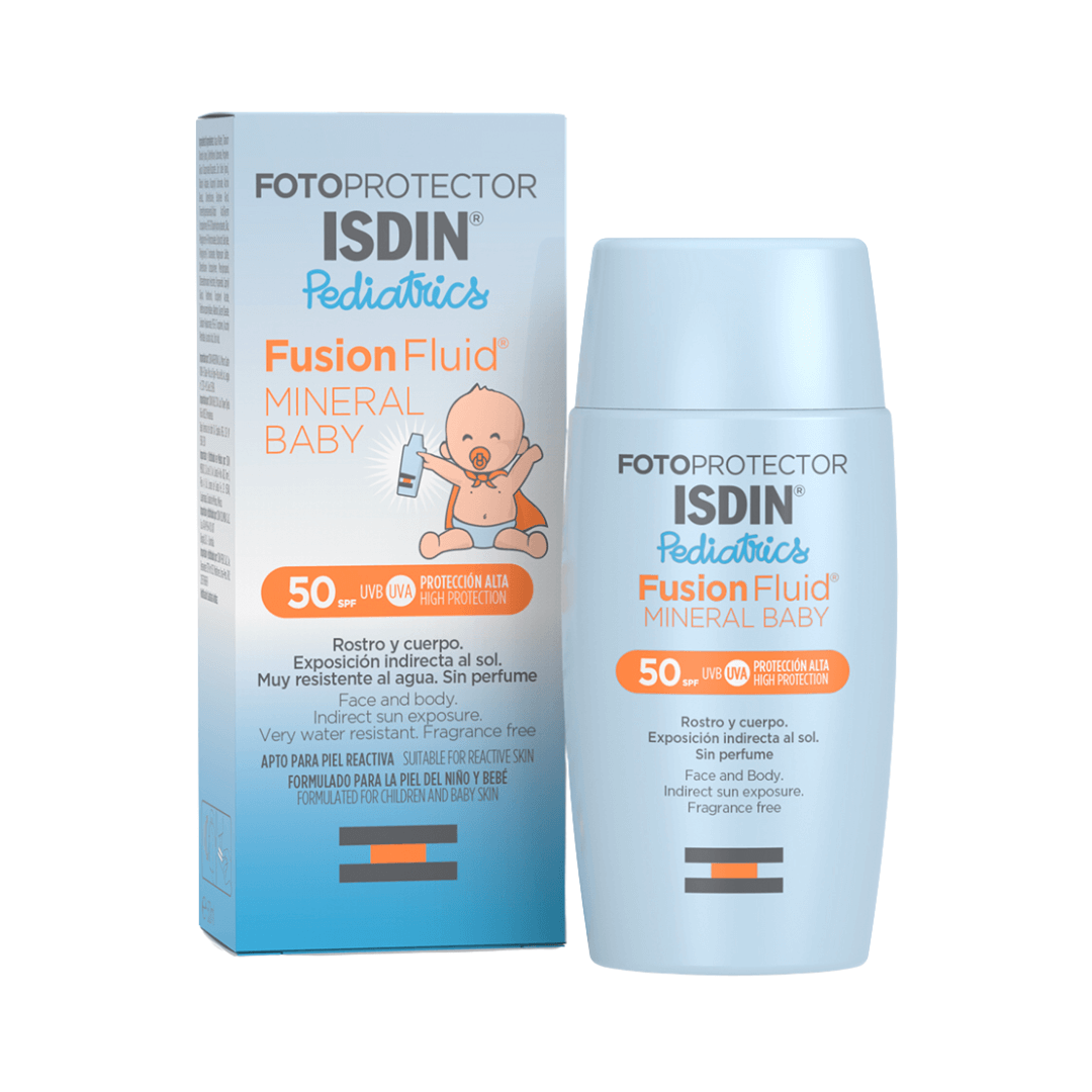 Fotoprotector ISDIN Fusion Fluid Mineral Baby SPF 50+ protege piel sensible infantil.