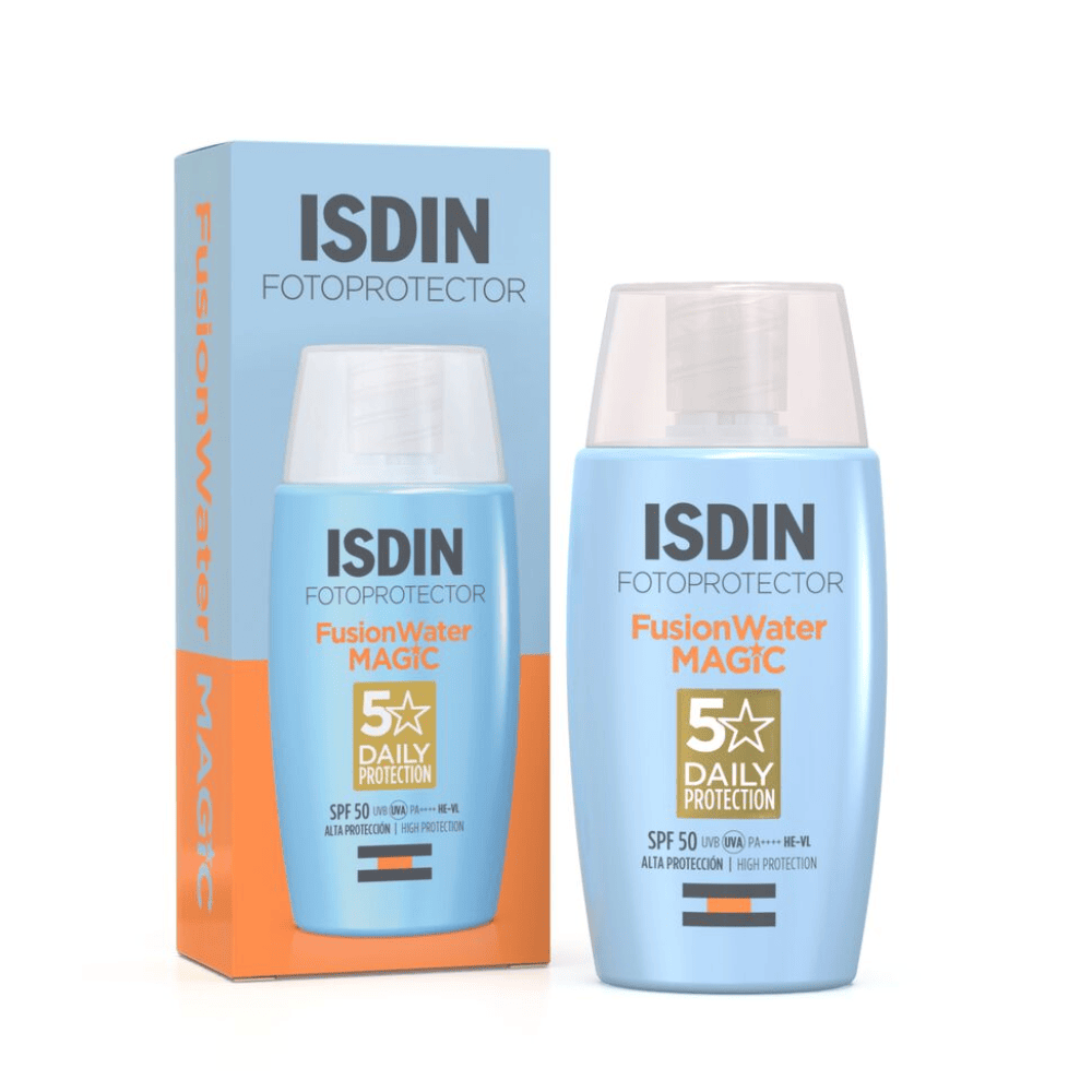 Fotoprotector ISDIN Fusion Water Magic SPF 50 resistente al agua y sudor.