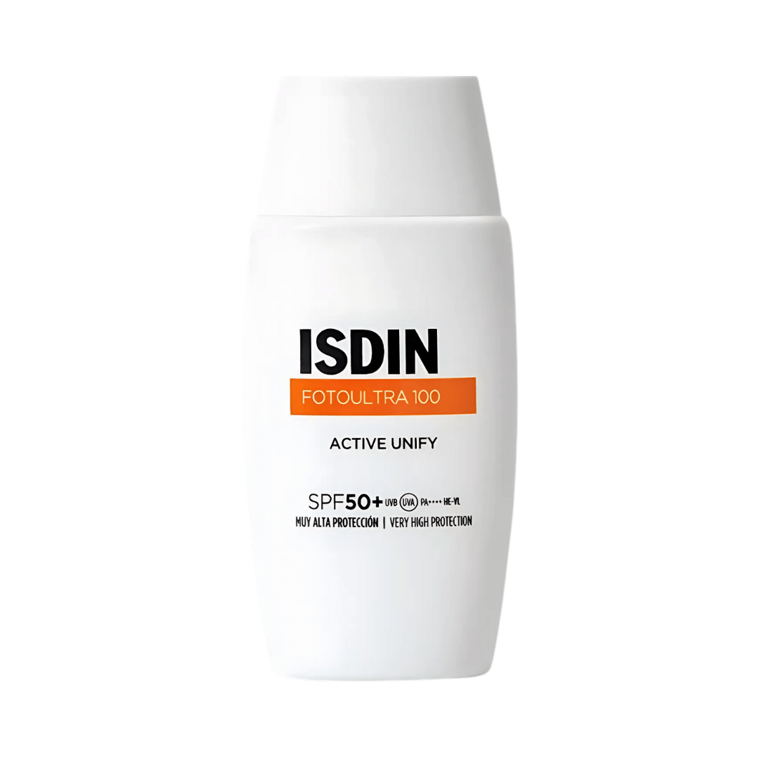 Fotoultra 100 ISDIN Active Unify SPF 50 sin color reduce y previene manchas solares.
