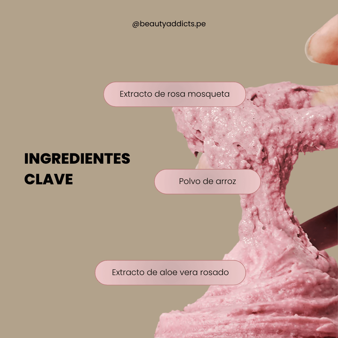 Fresh Rosehip Rice Mochi Cleanser con ingredientes clave que brindan un efecto hidratante y restaurador de Arencia.