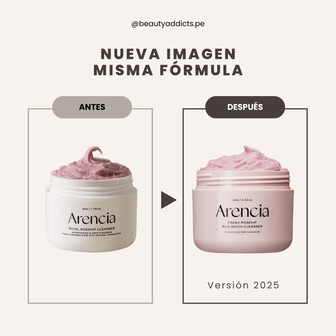 Diseño renovado del Fresh Rosehip Rice Mochi Cleanser de Arencia con la misma fórmula que limpia y nutre.