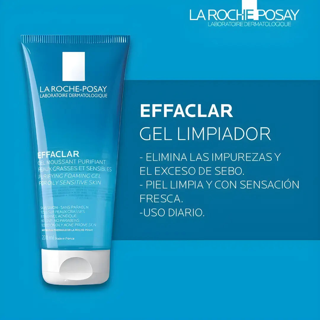 Gel limpiador facial Effaclar La Roche-Posay reduce brillos y limpia poros.