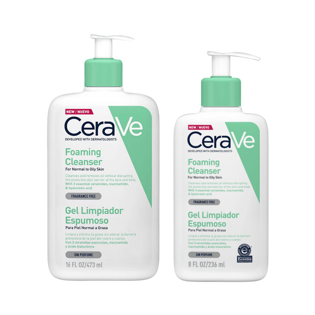 Gel Limpiador Espumoso de CeraVe que limpia sin dañar la barrera cutánea.