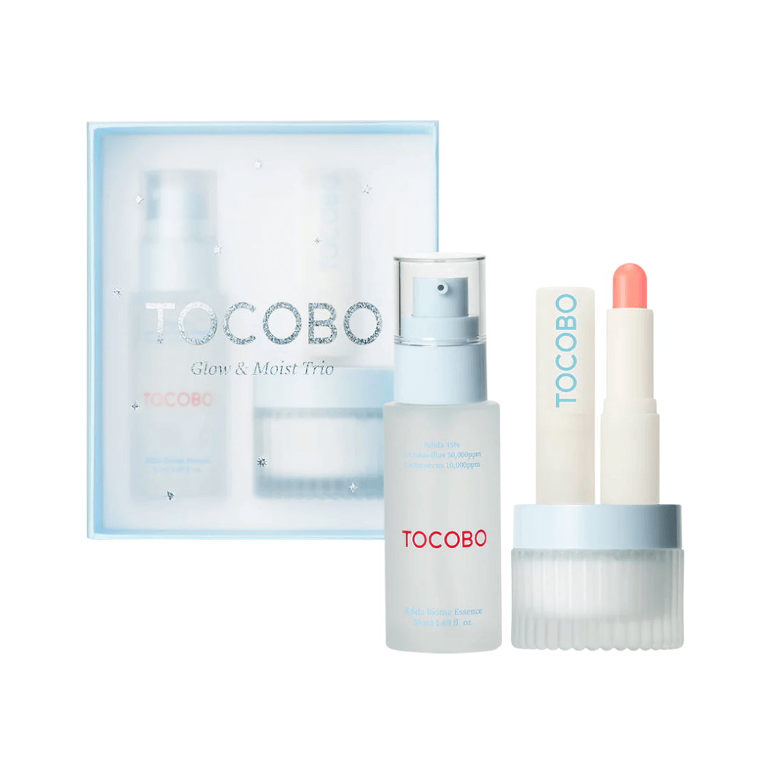 Glow Moist Trio Set de Tocobo con esencia Bifida, crema y bálsamo para hidratar y fortalecer la piel y labios.