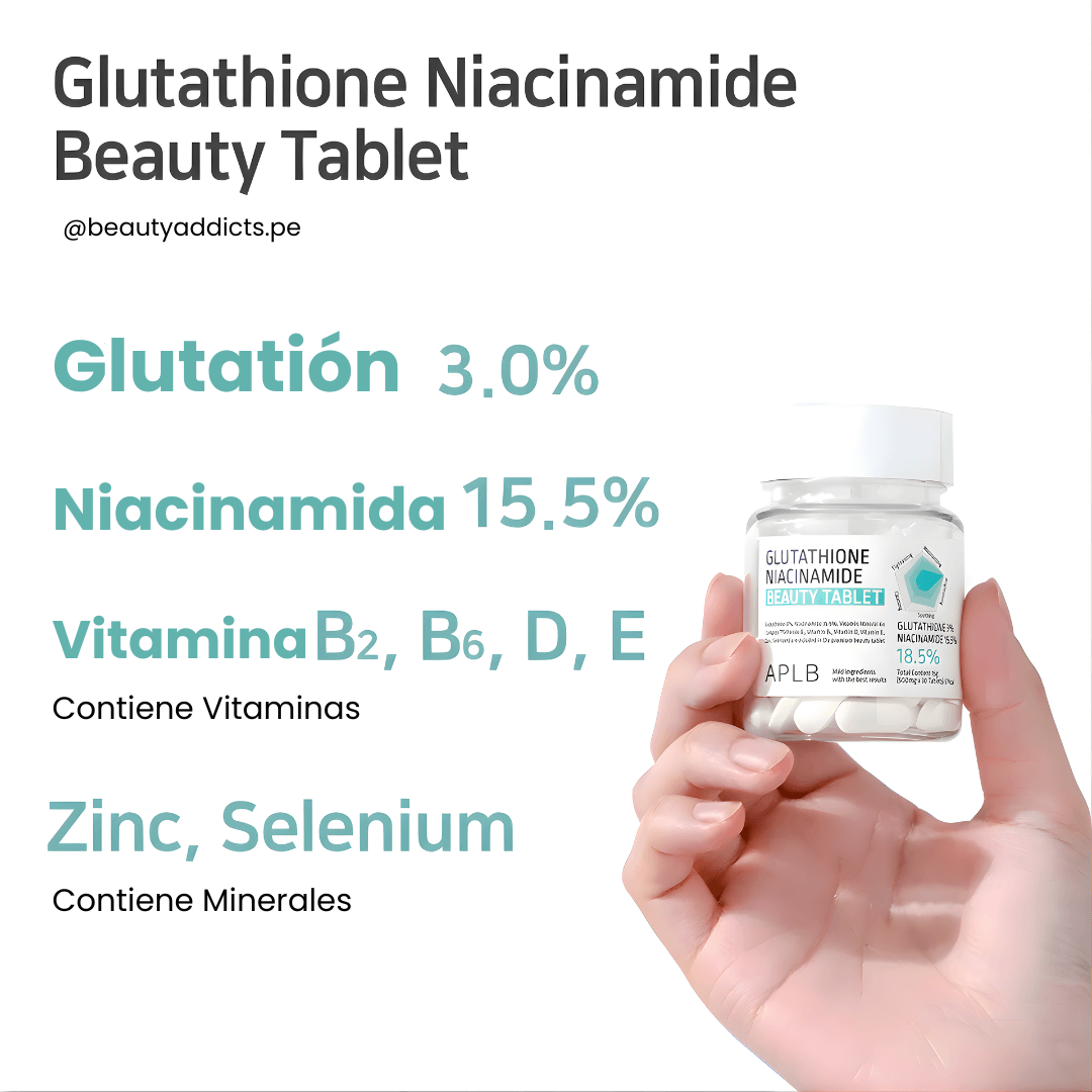 APLB Glutathione Niacinamide Beauty Tablet promueve una textura cutánea más suave y elástica con zinc y selenio.