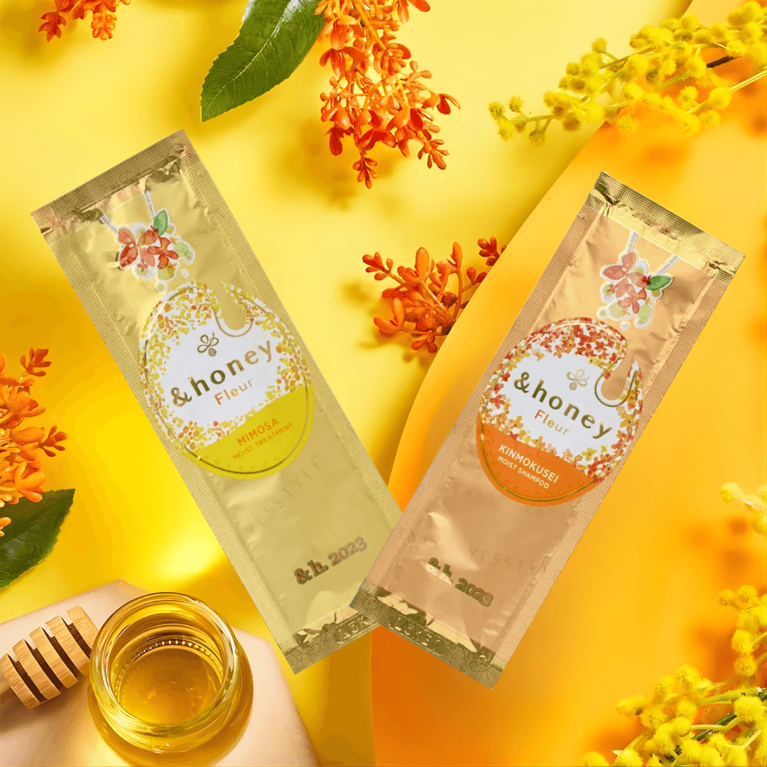 Honey Fleur Sachet Set de shampoo y acondicionador con miel y ácido hialurónico para cabello suave e hidratado.