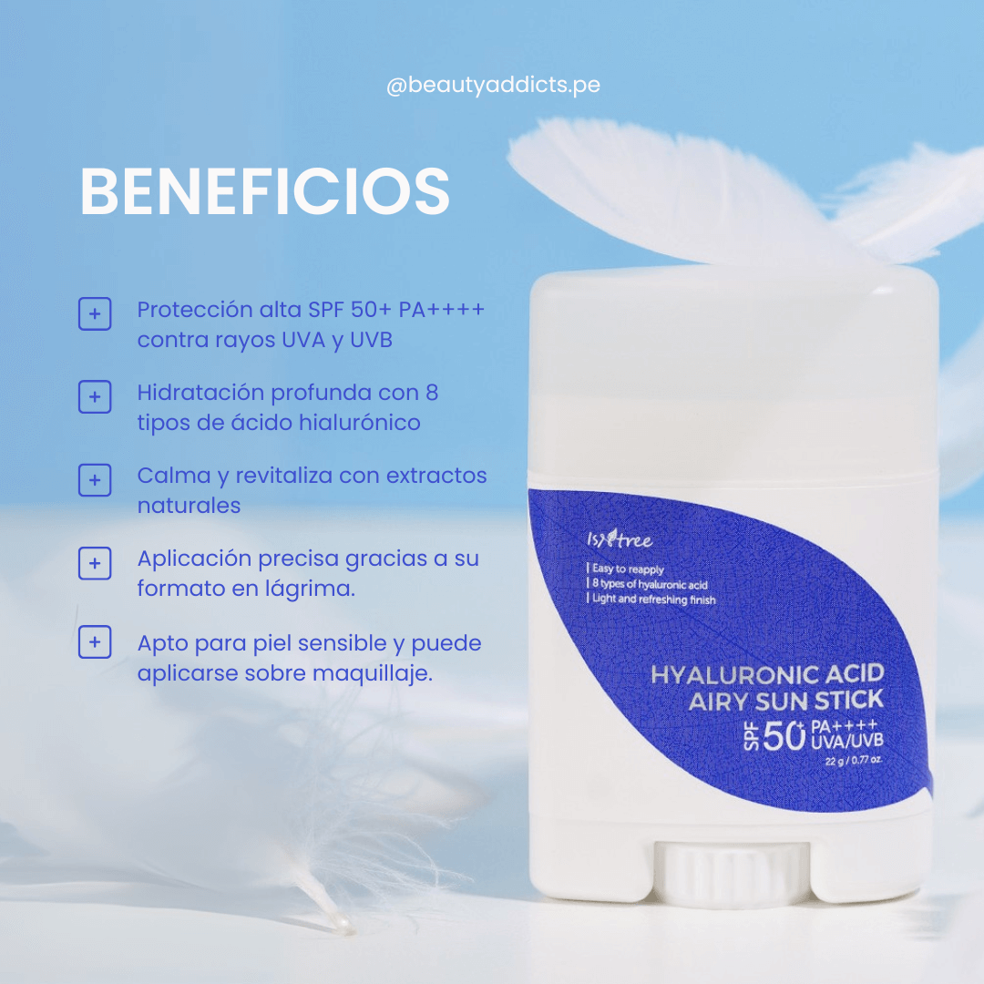 Isntree Hyaluronic Acid Airy Sun Stick mantiene la piel hidratada y protegida.