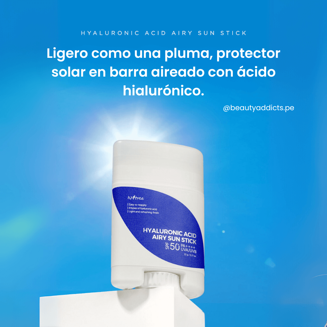 Isntree Hyaluronic Acid Airy Sun Stick fórmula vegana y libre de fragancias.