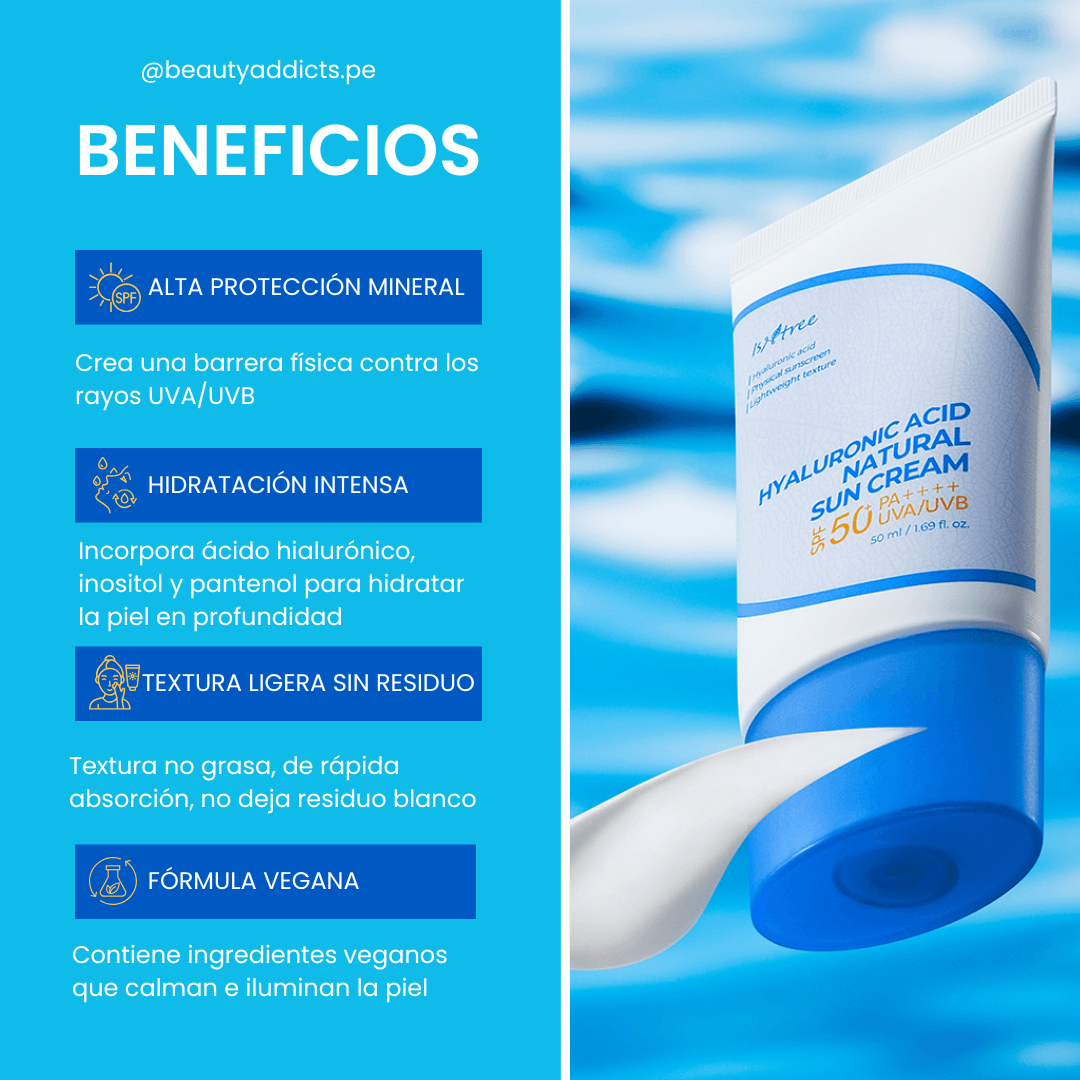 Hyaluronic Acid Natural Sun Cream de Isntree fórmula vegana y libre de fragancias.