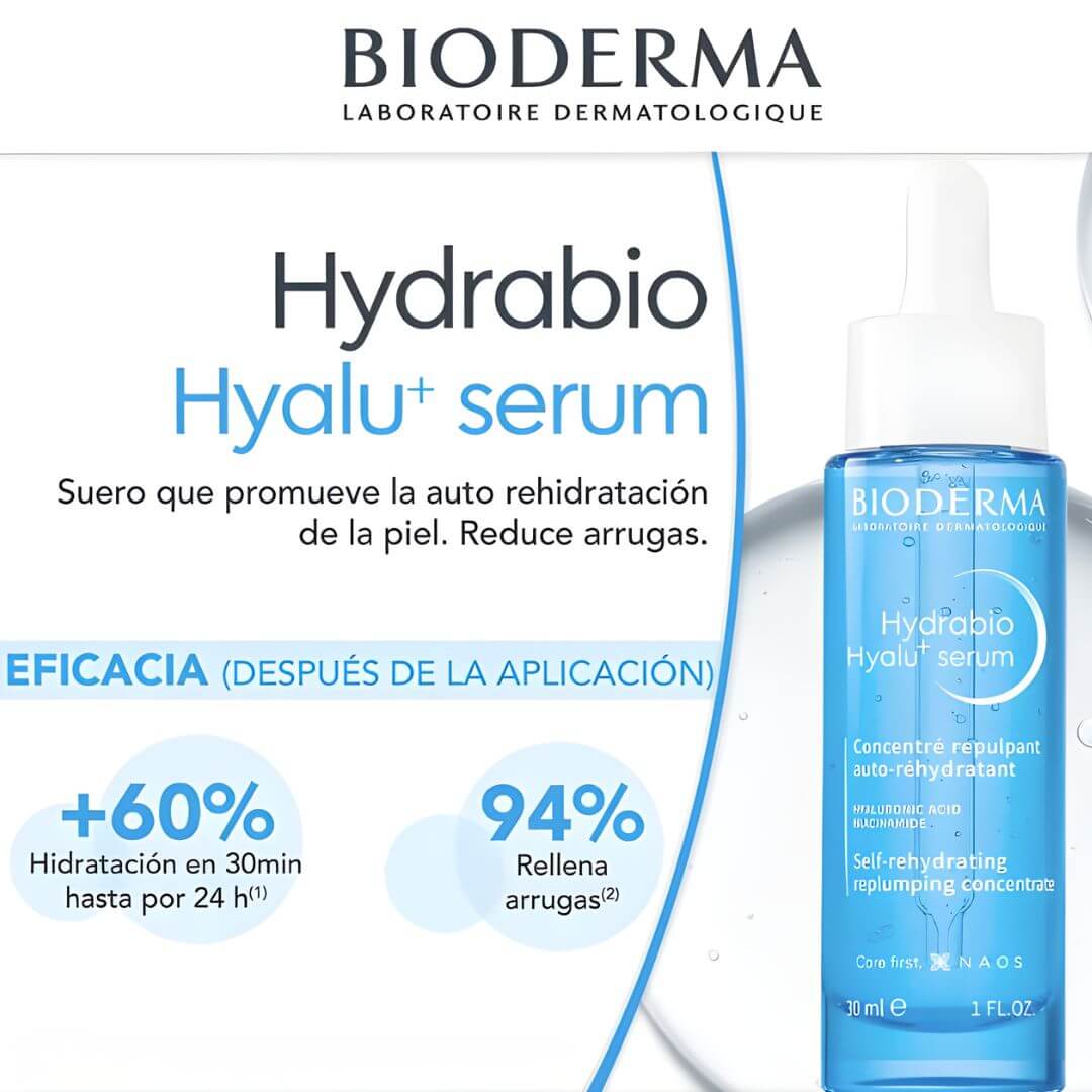 Bioderma Hydrabio Hyalu+ Serum con ácido hialurónico y niacinamida, ideal para piel apagada.
