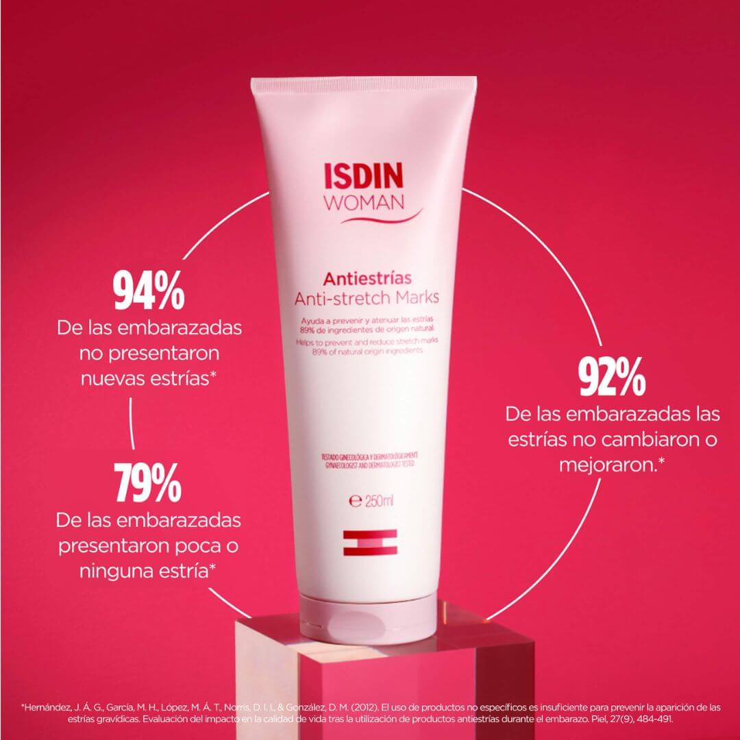 ISDIN Woman Antiestrías ayuda a prevenir estrías con 89 % ingredientes naturales.