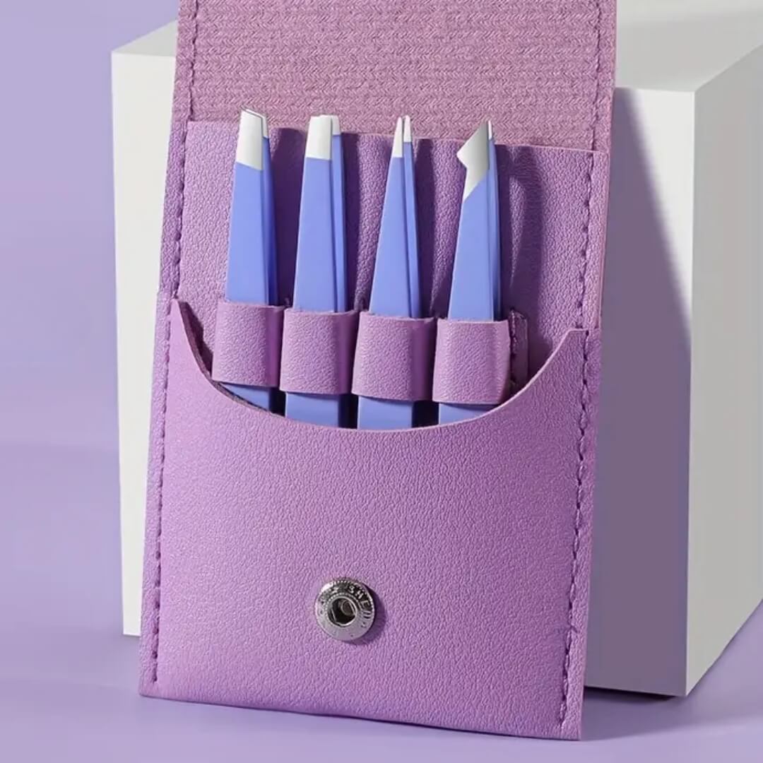 Set de pinzas profesionales con diferentes formas para cejas y depilación precisa.