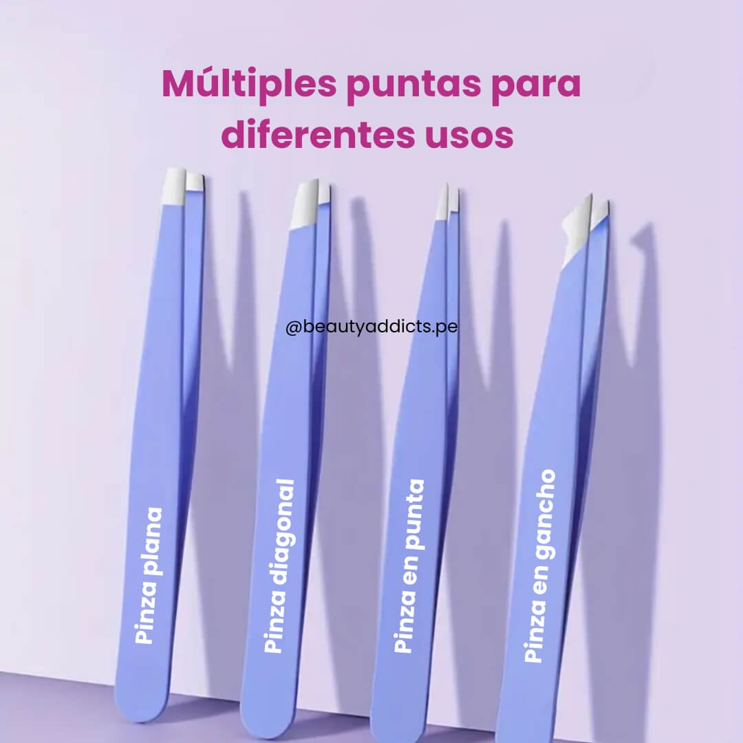 Set completo de pinzas para depilar cejas, eliminar vello facial y cuidados detallados.