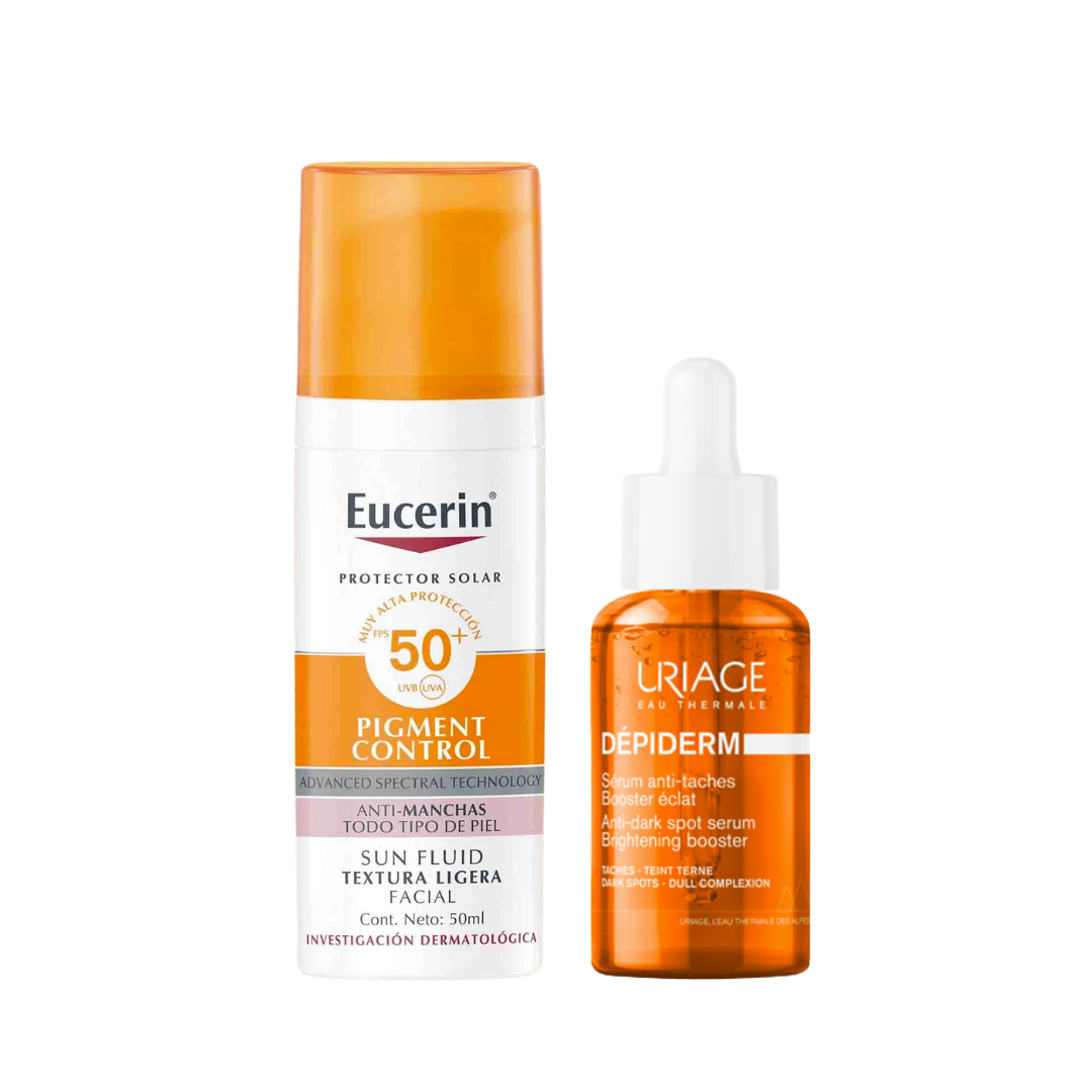 Kit antimanchas con Eucerin Pigment Control y serum Uriage para unificar el tono de la piel.