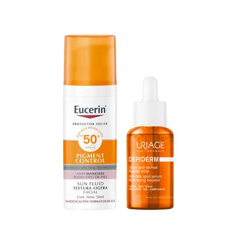 Kit antimanchas con Eucerin Pigment Control y serum Uriage para unificar el tono de la piel.