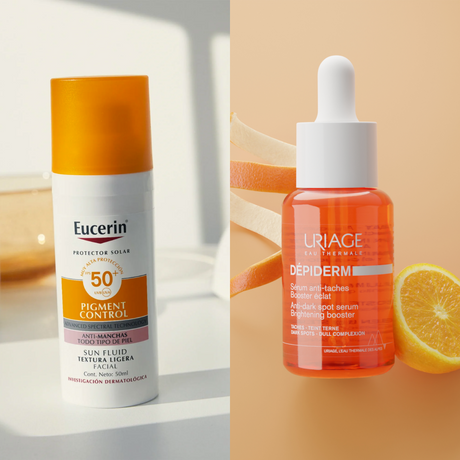 Tratamiento con Eucerin Pigment Control SPF50+ y serum Uriage para prevenir y reducir hiperpigmentación.