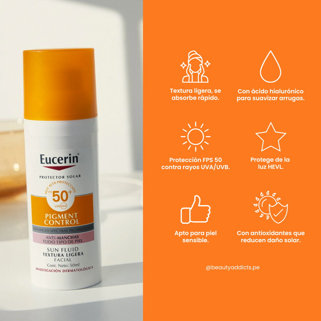 Protector solar Eucerin Pigment Control SPF50+ con acción despigmentante diaria.