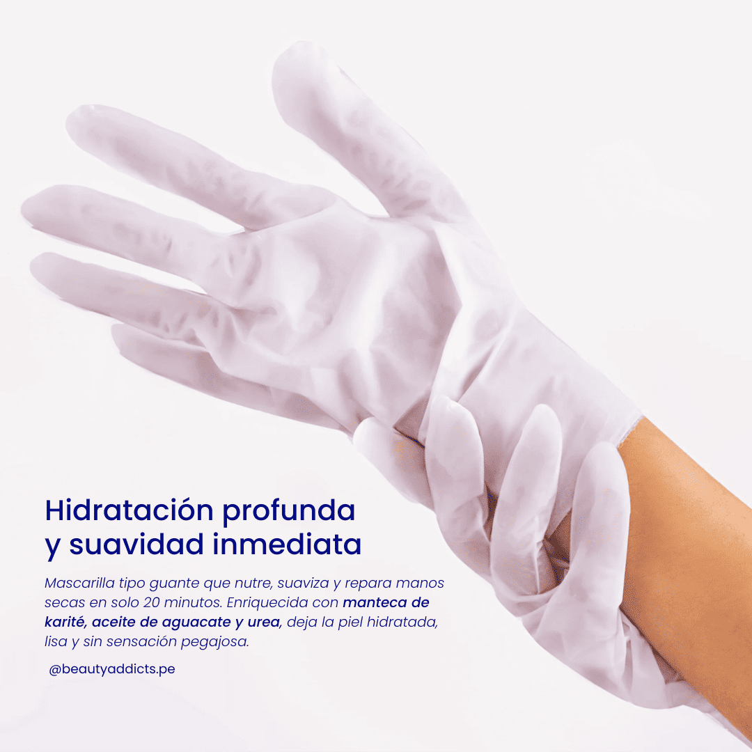 Mascarilla de manos con efecto reparador profundo que alivia la tirantez y deja un acabado suave y sedoso.
