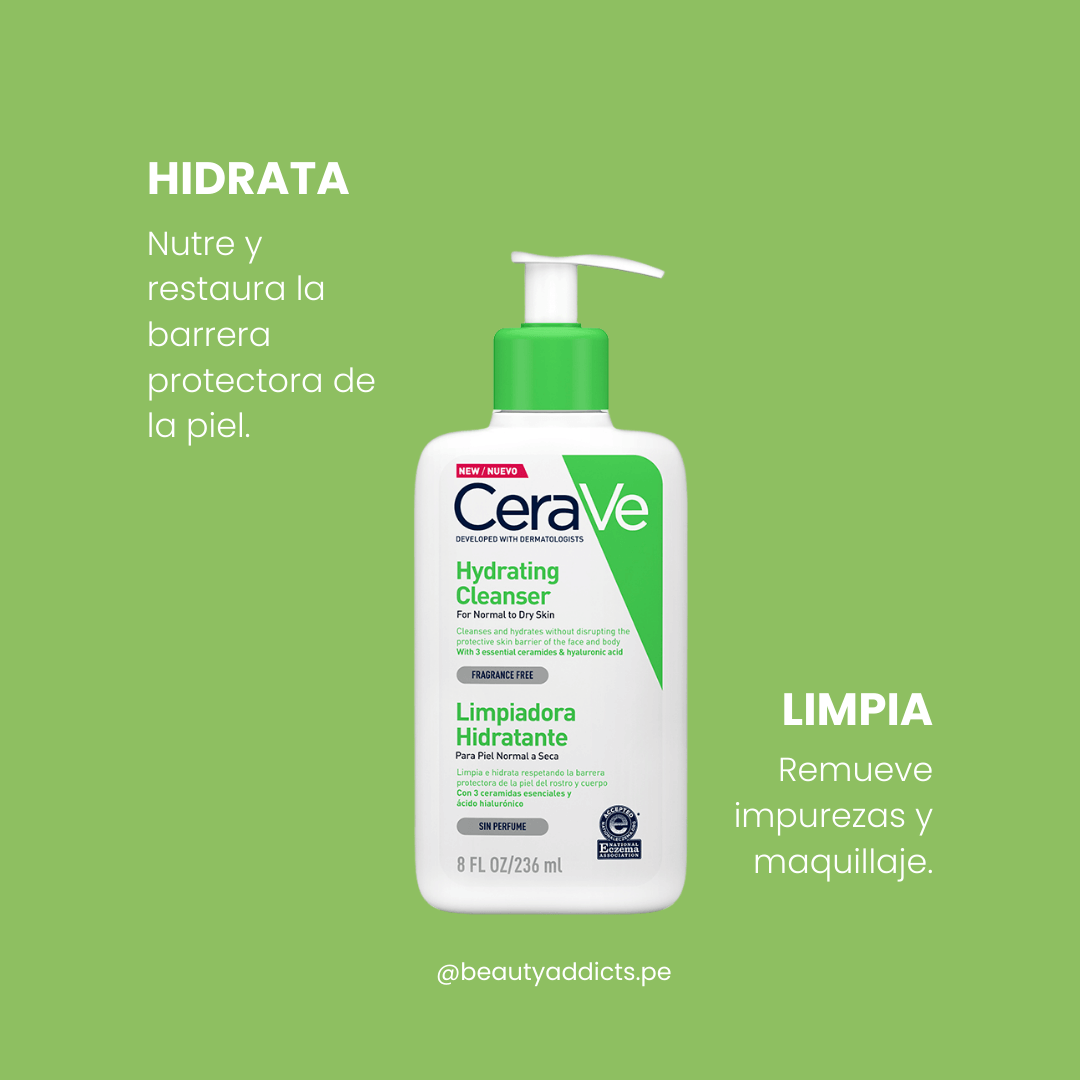 CeraVe Limpiadora Hidratante con tecnología MVE  que mantiene la piel hidratada todo el día.