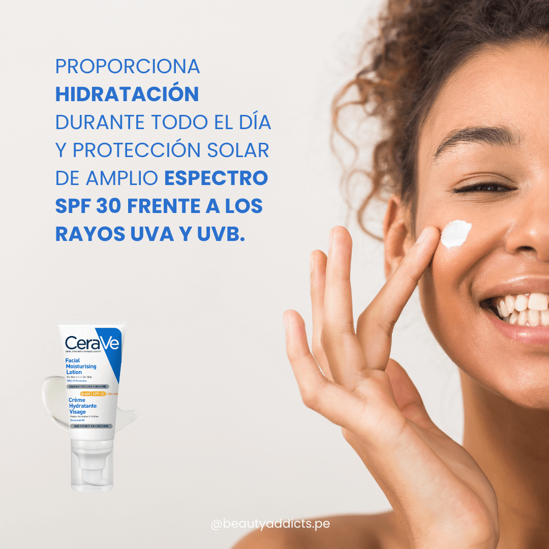 CeraVe Loción Facial Hidratante con SPF 30 que hidrata y protege contra rayos UVA y UVB.