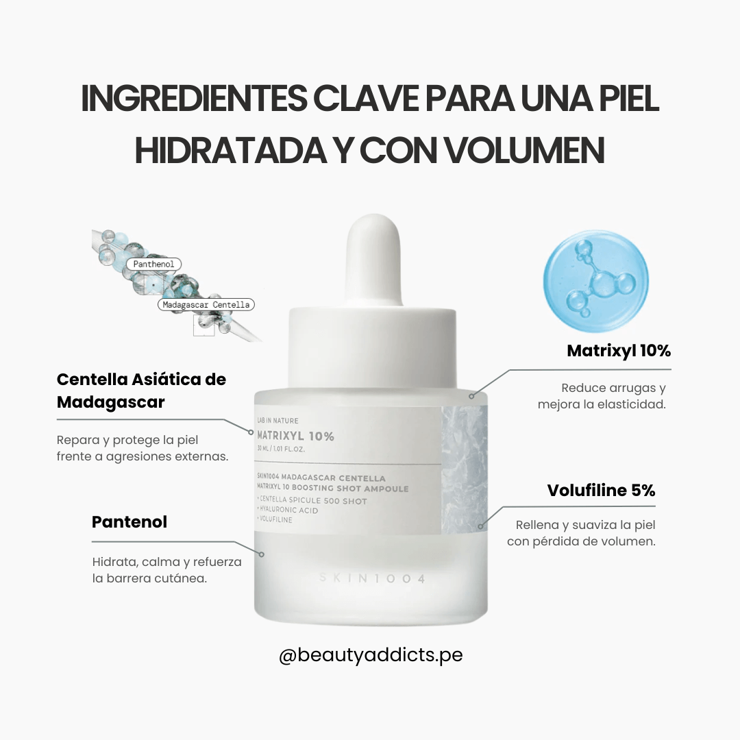 Skin 1004 Serum Matrixyl 10% con activos clave como la centella y Matrixyl  para piel más firme y lisa.