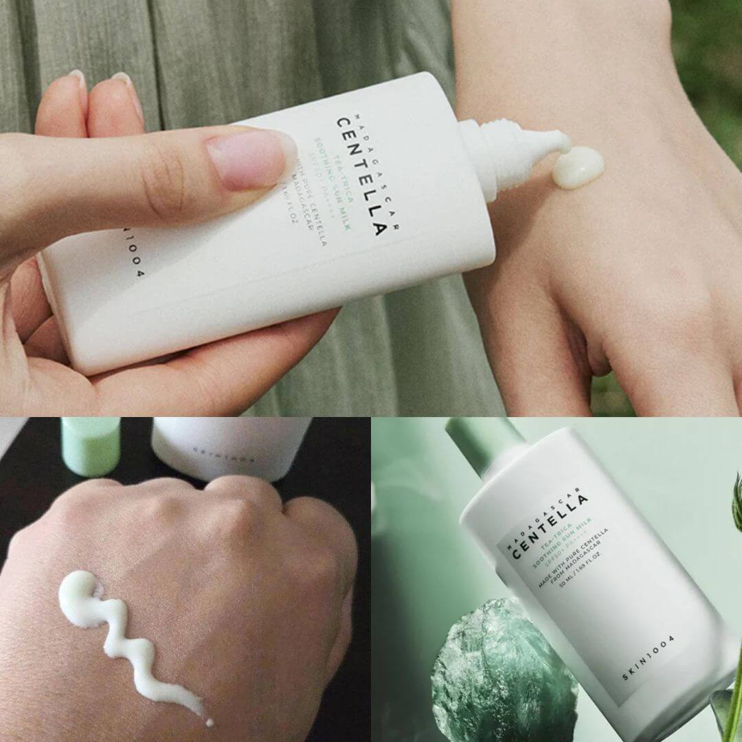 Madagascar Centella Tea-Trica Soothing Sun Milk Skin1004 controla el sebo gracias al complejo Tea-Trica de árbol de té.