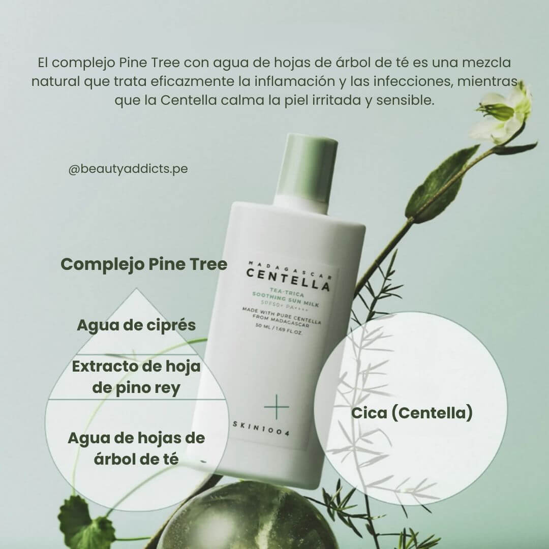 Madagascar Centella Tea-Trica Soothing Sun Milk Skin1004 refuerza la barrera cutánea y calma la piel.