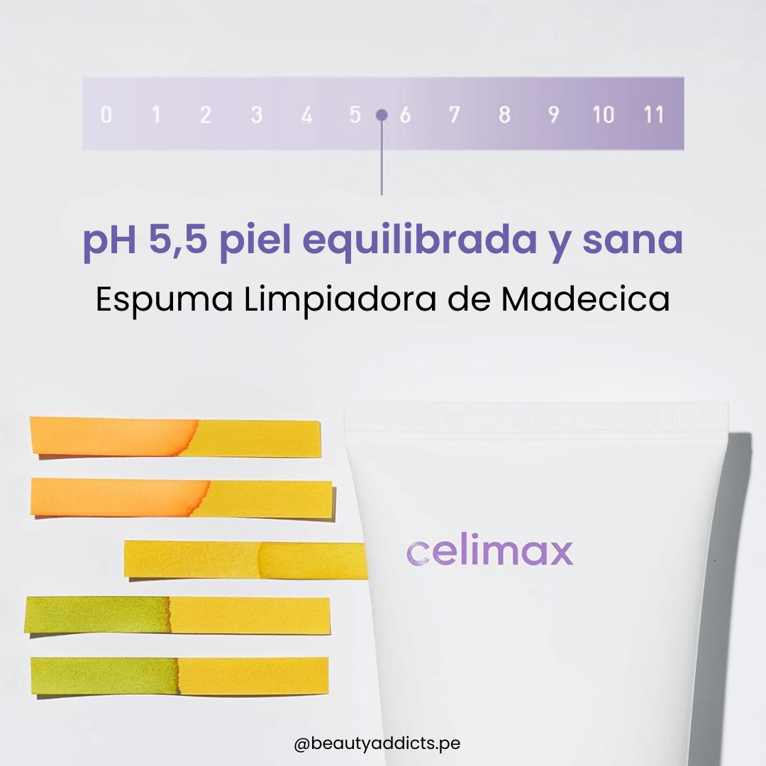 Celimax Madecica pH Balancing Foam Cleansing con un pH bajo, ideal para uso diario en piel sensible.