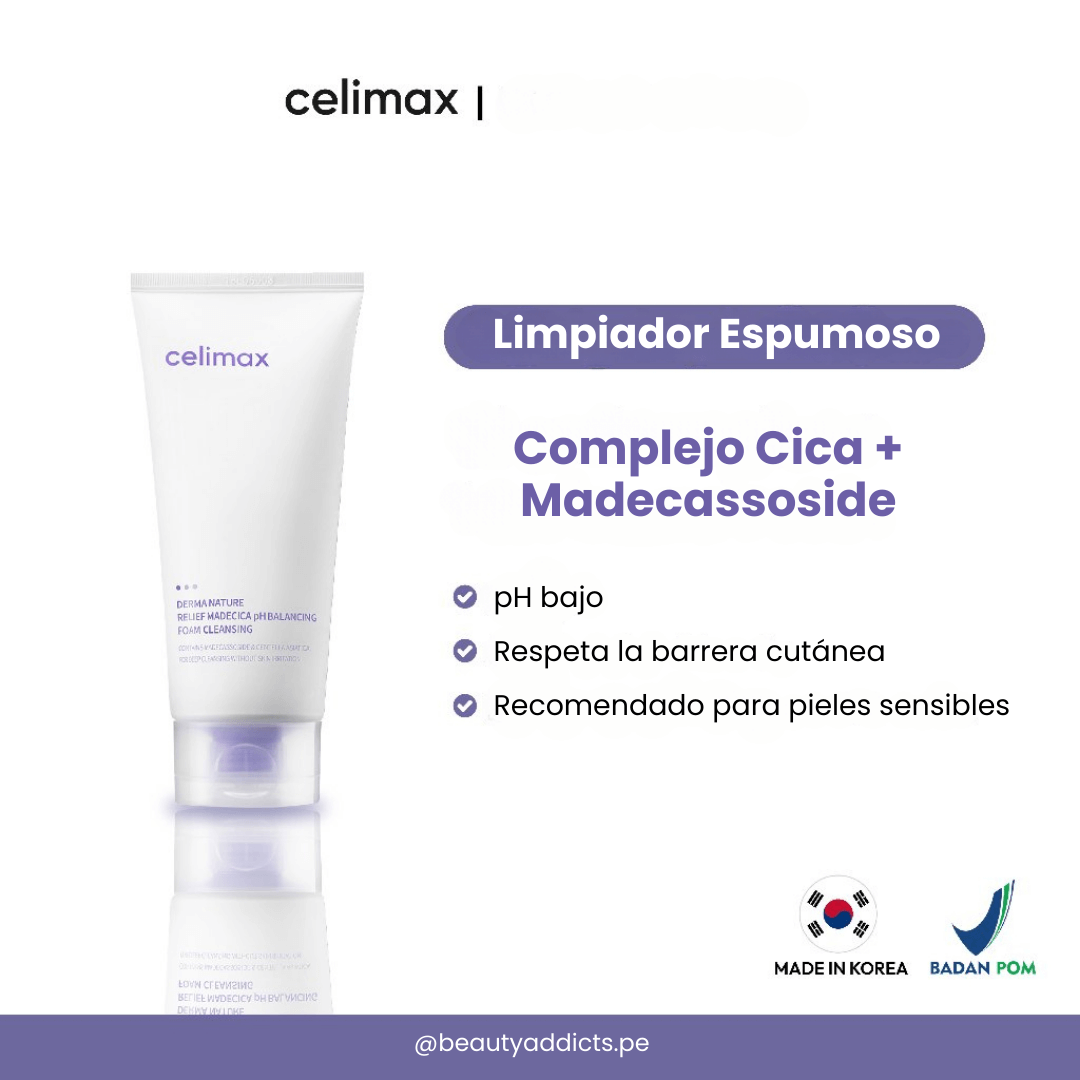 Celimax Madecica pH Balancing Foam Cleansing que calma y fortalece la barrera cutánea.