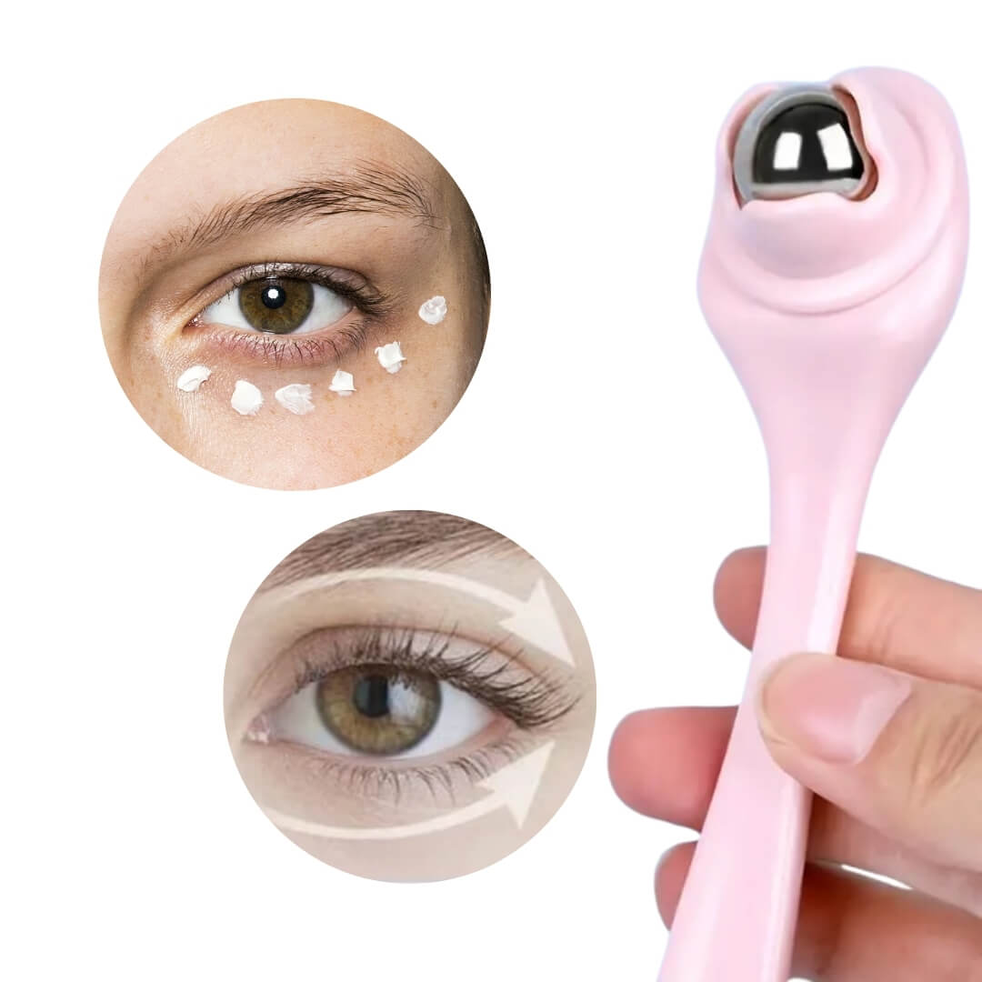 Masajeador para el contorno de ojos con cabezal metálico para un efecto refrescante y relajante.