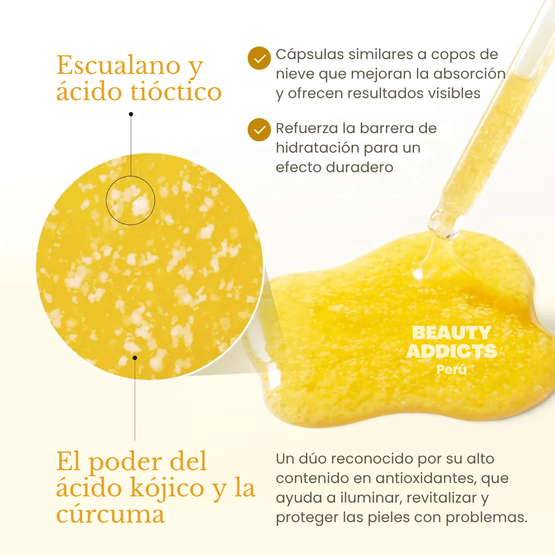Serum iluminador con cúrcuma antioxidante que ayuda a combatir la opacidad y favorecer una piel más radiante.