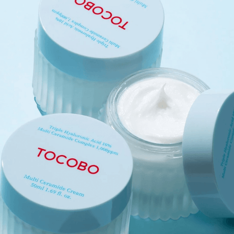 Tocobo Multi Ceramide Cream con triple ácido hialurónico que hidrata profundamente sin sensación grasa.