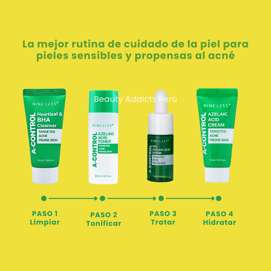 Mini rutina Nineless a-control para piel grasa y tendencia acneica.