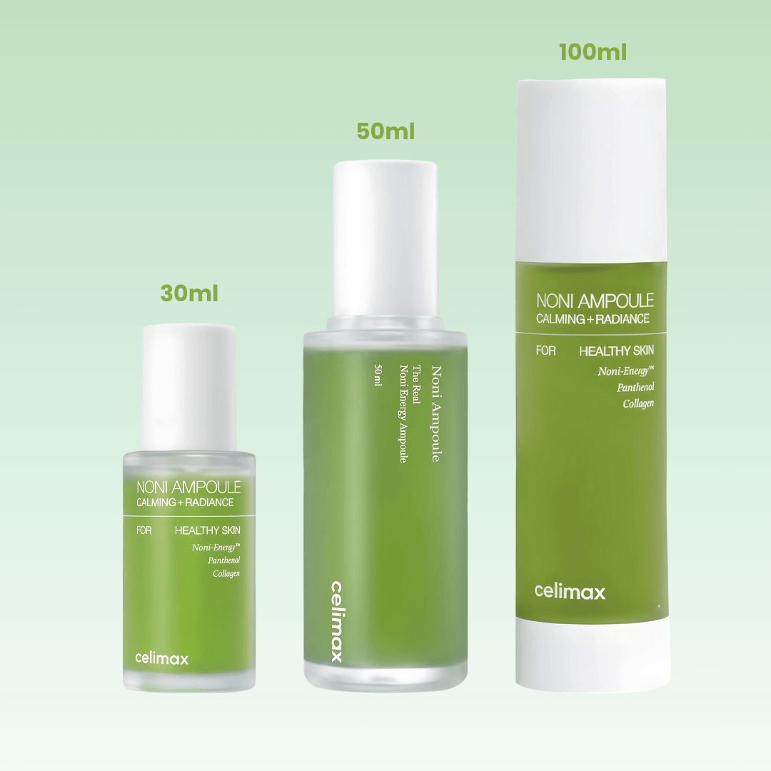 noni energy ampoule de Celimax en diferentes tamaños, 30ml, 50ml y 100ml.