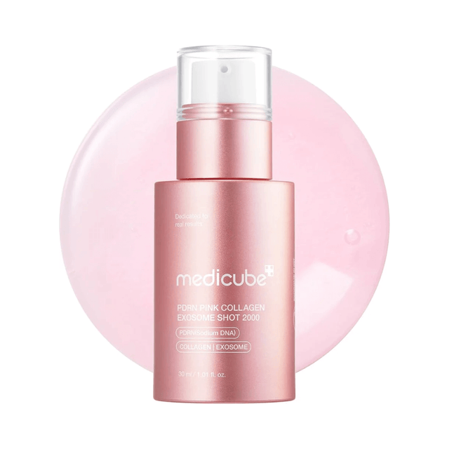 Medicube PDRN Pink Exosome Shot Serum 2000 regenera y mejora textura con PDRN, colágeno y exosomas.