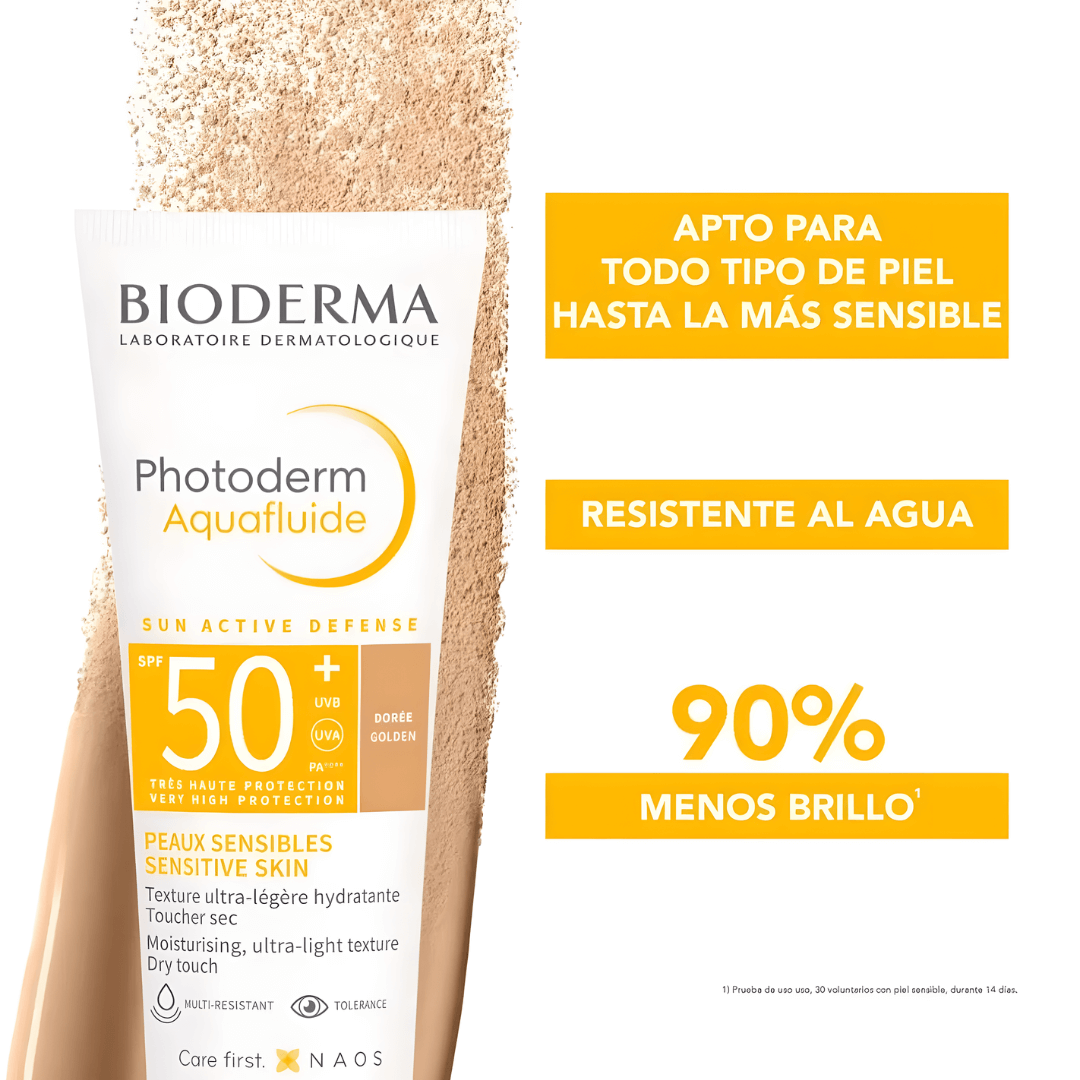 Photoderm Aquafluide SPF 50+ Bioderma ofrece un 90% menos de brillo con resistencia al agua.