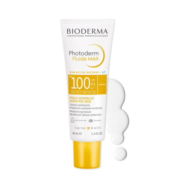Photoderm Fluide Max SPF 100 Bioderma previene quemaduras y daño solar extremo.