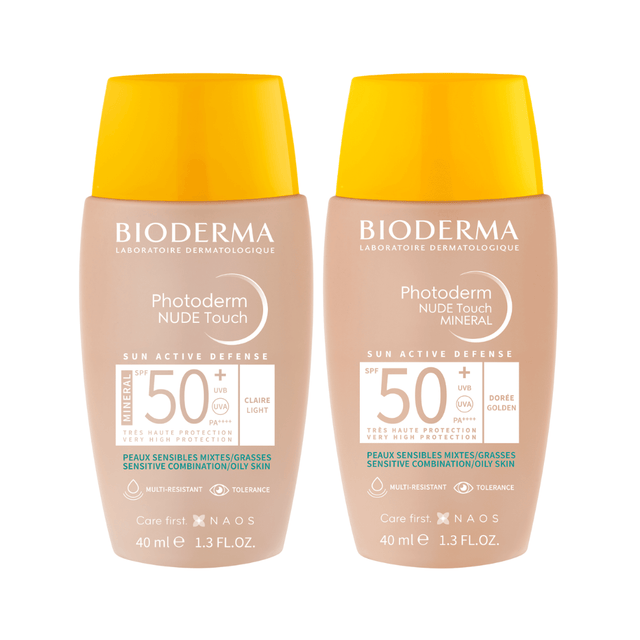 Protector solar mineral Photoderm Nude Touch de Bioderma con color para piel mixta y grasa.