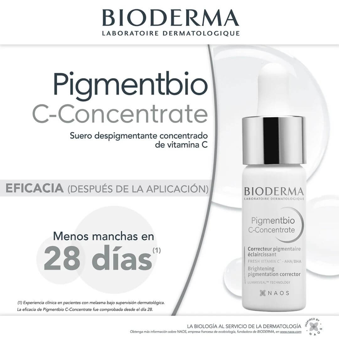 Pigmentbio C-Concentrate Serum Bioderma mejora la luminosidad y suaviza la textura cutánea.