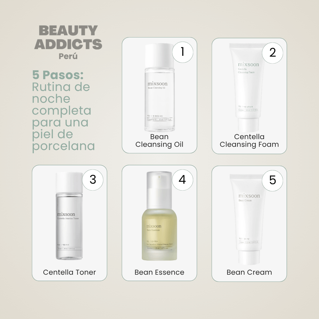Set de productos esenciales para una piel más radiante, uniforme y visiblemente saludable: bean cleansing oil, centella cleansing foam, centella toner, bean essence, bea cream.
