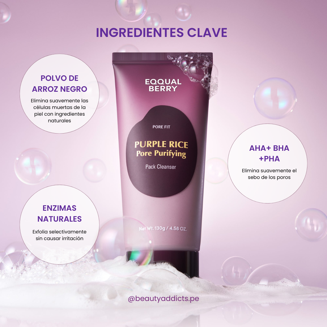 Limpiador Eqqualberry Purple Rice Pore Purifying Pack aporta antioxidantes que revitalizan la piel.