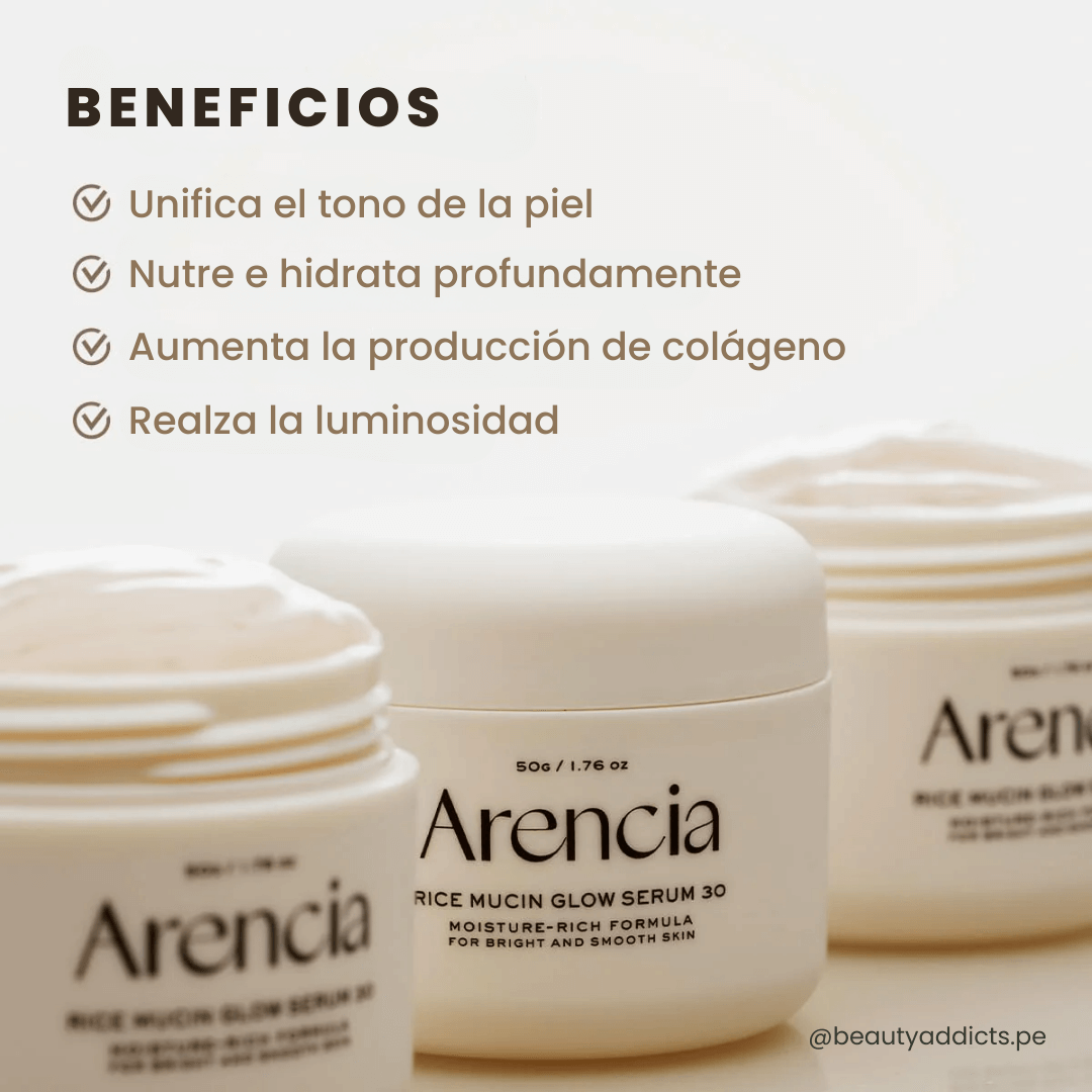 Arencia Rice Mucin Glow Serum 30, deja la piel más luminosa, firme y con hidratación duradera.
